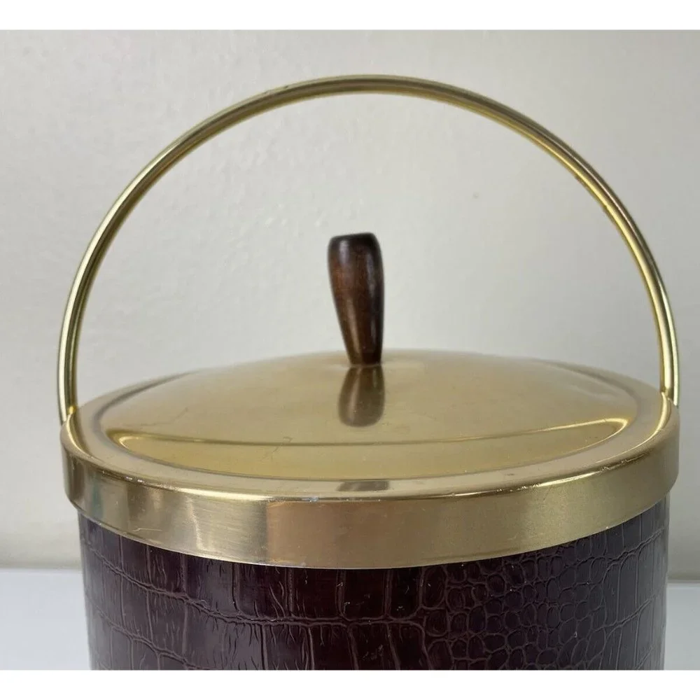 Vintage Faux Leather Crocodile Print Ice Bucket w/ Gold Handle & Lid, Barware